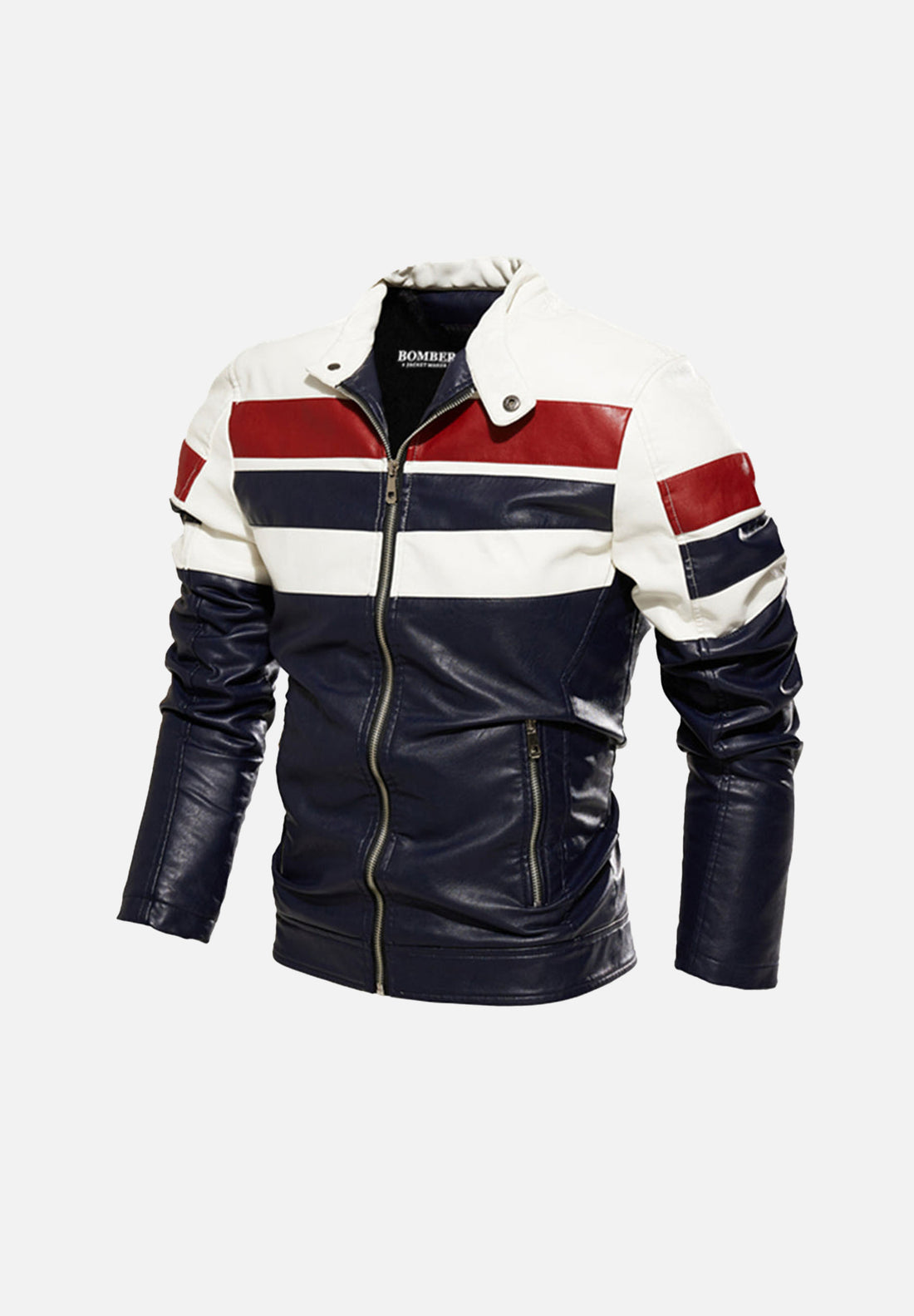 Men’s Moto Striped Color Block Leather Jacket